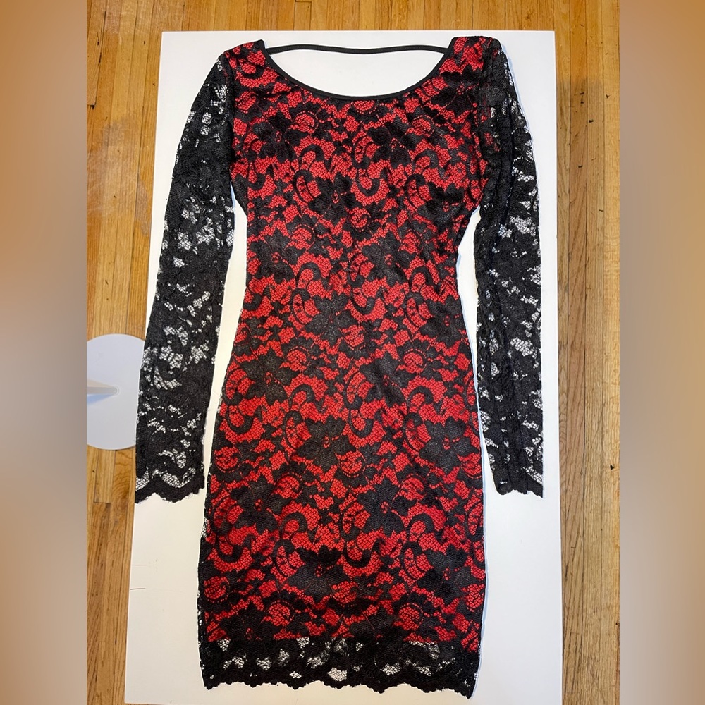 Lace Red and Black Midi Dress Size S